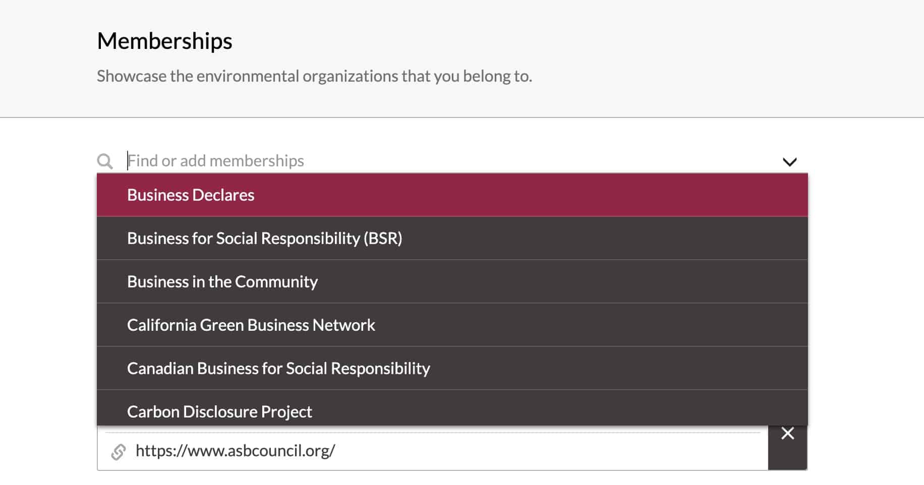 Screenshot of adding Business Declares membership to .eco profile